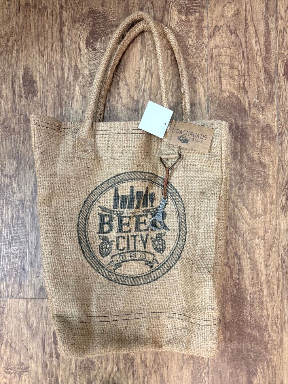 Backroads Textiles Beer City USA Burlap Bag Jute Blue stripe Inside Bottle Open